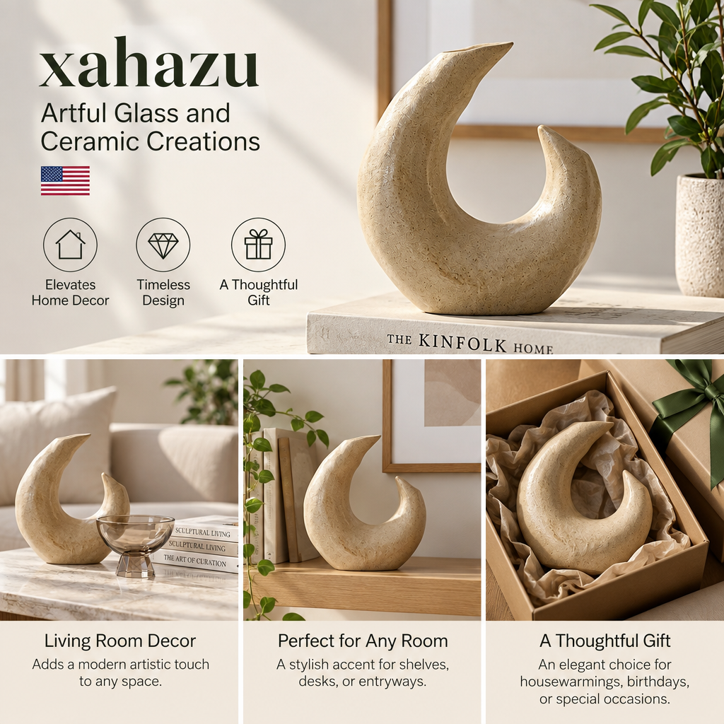 xahazu Sculptural Crescent Ceramic Vase – Modern Organic Tabletop Art Decor