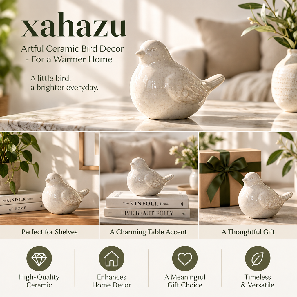 xahazu Artful Ceramic Bird Figurine – Minimalist Home Decor Accent for Coffee Table, Bookshelf & Living Room, Cozy Modern Farmhouse Tabletop Statue