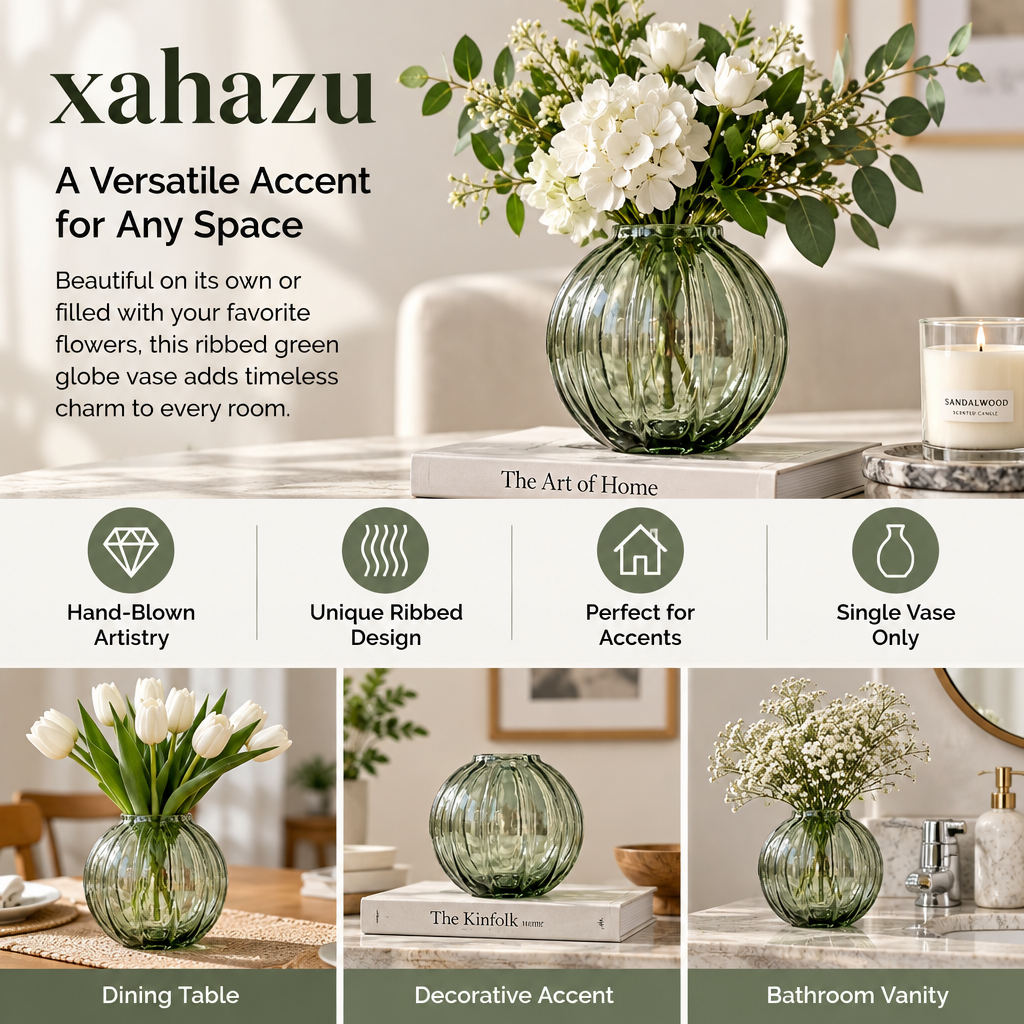 xahazu Ribbed Round Glass Vase – 5.1" Modern Fluted Flower Vase for Table Centerpiece, Shelf & Home Decor