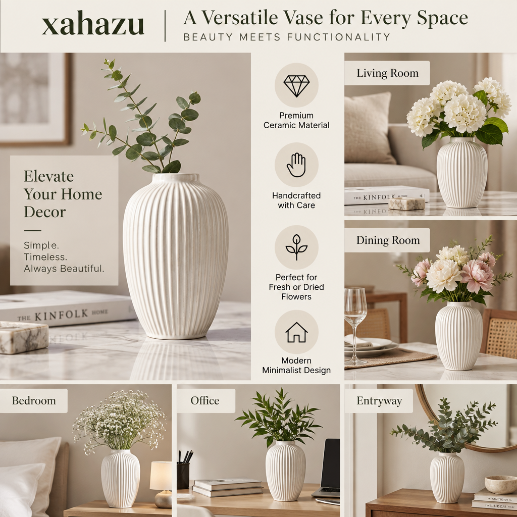 xahazu Modern White Ribbed Ceramic Vase - Handcrafted Minimalist Fluted Flower Vase for Home & Table Decor