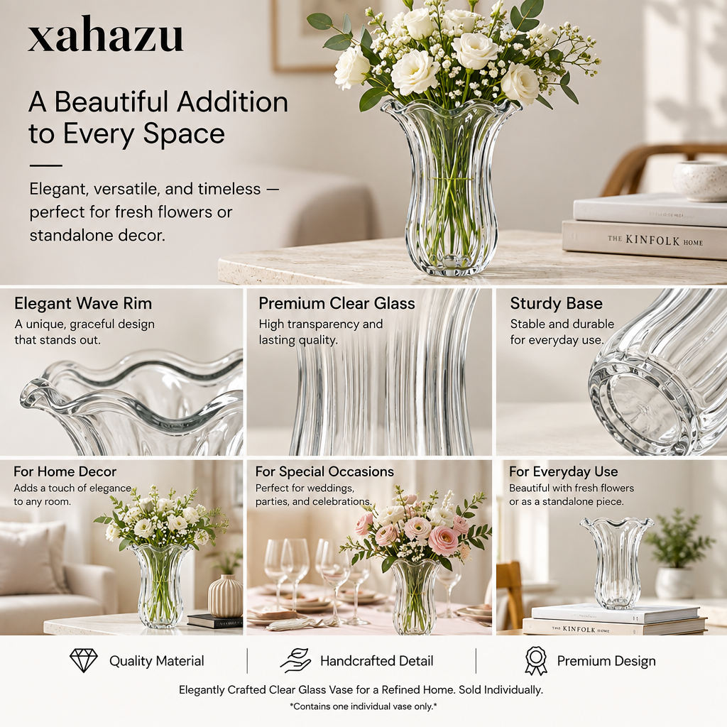 xahazu Elegant Fluted Clear Glass Vase with Ruffled Rim – French Vintage Ribbed Flower Vase for Home Decor, Dining Table Centerpiece, and Wedding