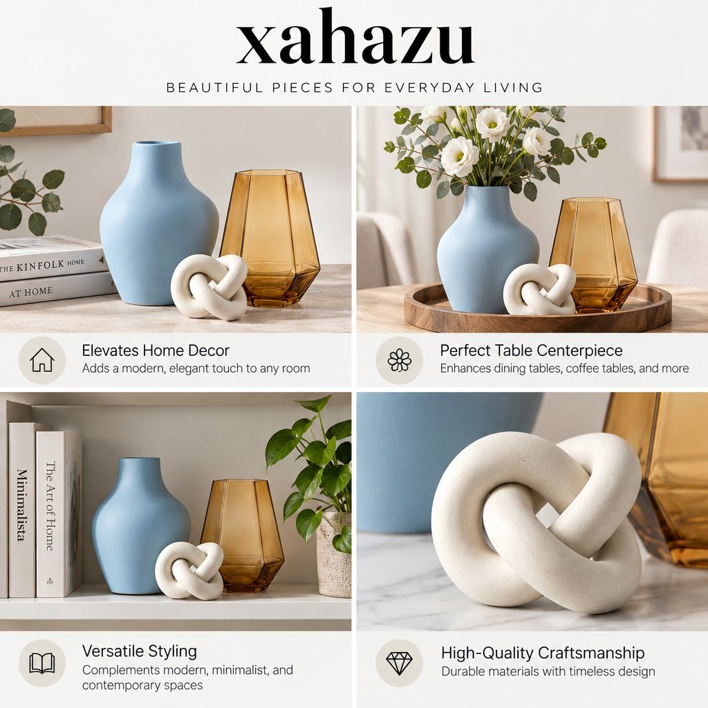 xahazu Modern Aesthetic Decor Set - 3-Piece Ceramic Vase, Amber Glass Accent & Abstract Knot Sculpture for Coffee Table, Bookshelf & Living Room