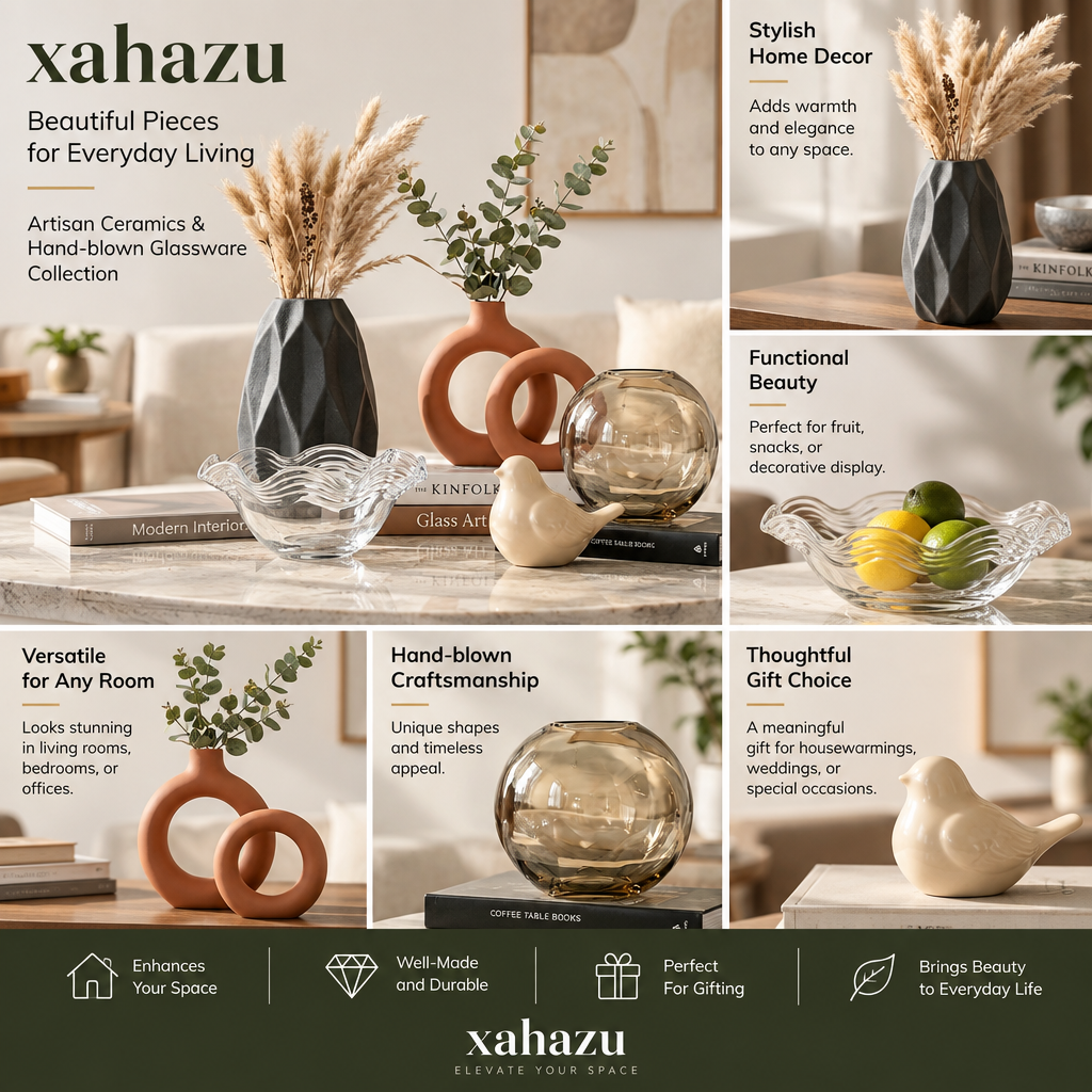 xahazu Modern Artisan Ceramic Vase & Glass Decor Collection – Minimalist Aesthetic Centerpieces for Living Room, Coffee Table & Shelf Styling