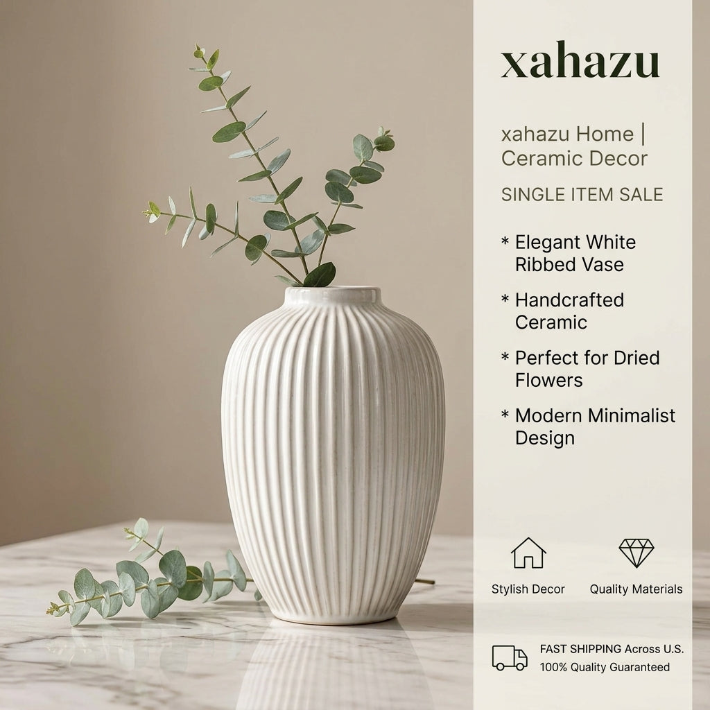 xahazu Modern White Ribbed Ceramic Vase - Handcrafted Minimalist Fluted Flower Vase for Home & Table Decor