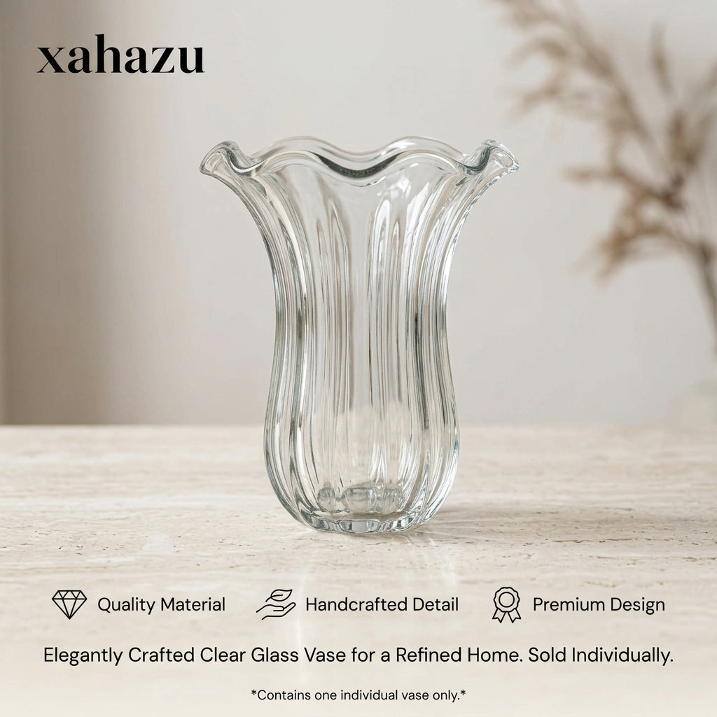xahazu Elegant Fluted Clear Glass Vase with Ruffled Rim – French Vintage Ribbed Flower Vase for Home Decor, Dining Table Centerpiece, and Wedding