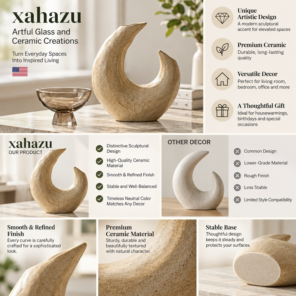 xahazu Sculptural Crescent Ceramic Vase – Modern Organic Tabletop Art Decor