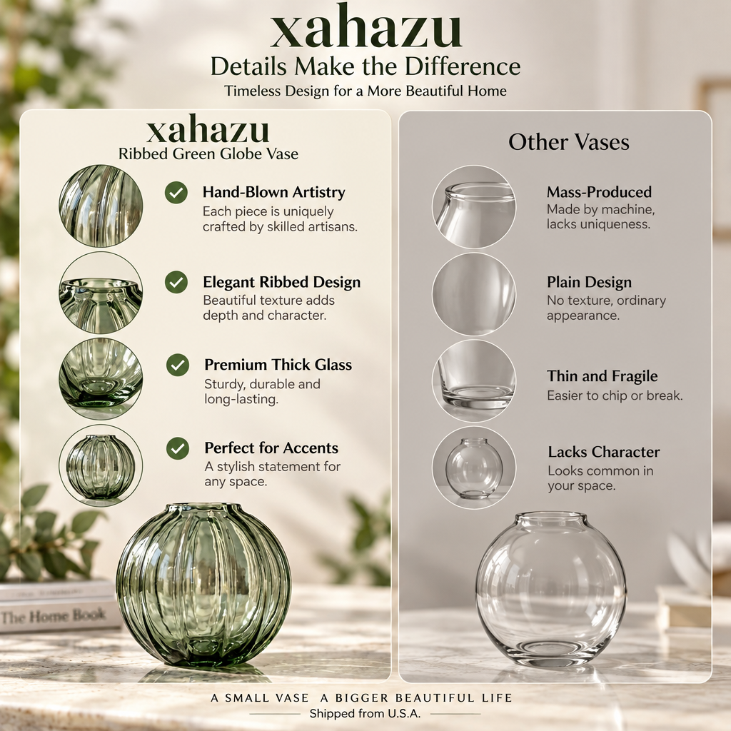 xahazu Ribbed Round Glass Vase – 5.1" Modern Fluted Flower Vase for Table Centerpiece, Shelf & Home Decor