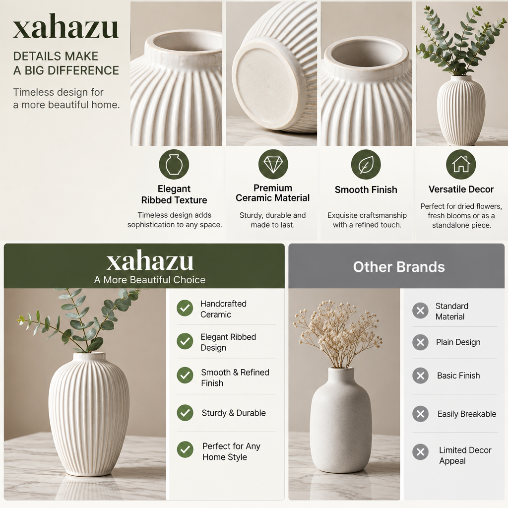 xahazu Modern White Ribbed Ceramic Vase - Handcrafted Minimalist Fluted Flower Vase for Home & Table Decor