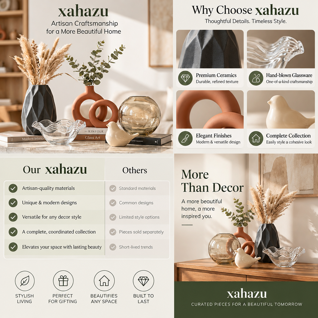 xahazu Modern Artisan Ceramic Vase & Glass Decor Collection – Minimalist Aesthetic Centerpieces for Living Room, Coffee Table & Shelf Styling