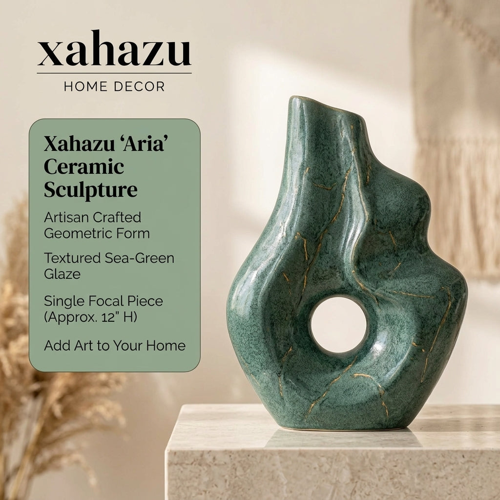 xahazu Modern Abstract Ceramic Vase – Emerald Green Sculptural Art Vase with Gold Accents, Decorative Centerpiece for Living Room, Coffee Table, Bookshelf Decor