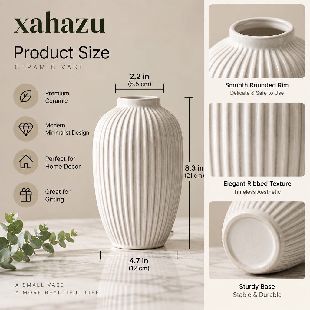 xahazu Modern White Ribbed Ceramic Vase - Handcrafted Minimalist Fluted Flower Vase for Home & Table Decor