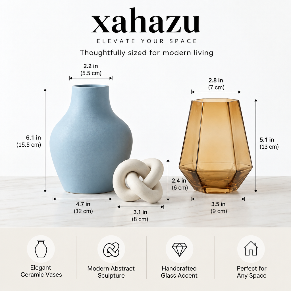 xahazu Modern Aesthetic Decor Set - 3-Piece Ceramic Vase, Amber Glass Accent & Abstract Knot Sculpture for Coffee Table, Bookshelf & Living Room