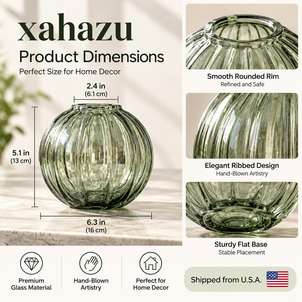 xahazu Ribbed Round Glass Vase – 5.1" Modern Fluted Flower Vase for Table Centerpiece, Shelf & Home Decor