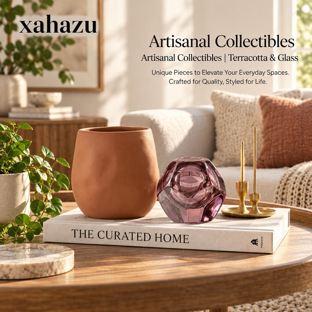 xahazu Modern Terracotta & Faceted Glass Decor Accents – Minimalist Coffee Table & Bookshelf Styling Pieces