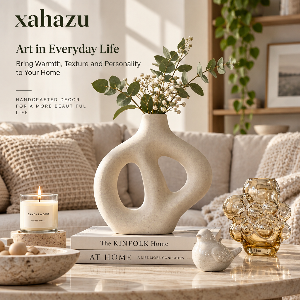 xahazu Modern Ceramic Sculptural Vase - Minimalist Nordic Hollow Doughnut Flower Vase for Home Decor, Aesthetic Centerpiece for Living Room, Mantel & Table