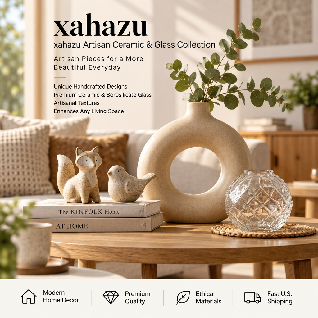 xahazu Artisan Ceramic & Borosilicate Glass Tabletop Decor Set – Modern Minimalist Donut Vase, Glass Sphere & Animal Sculptures for Home & Living Room Accent