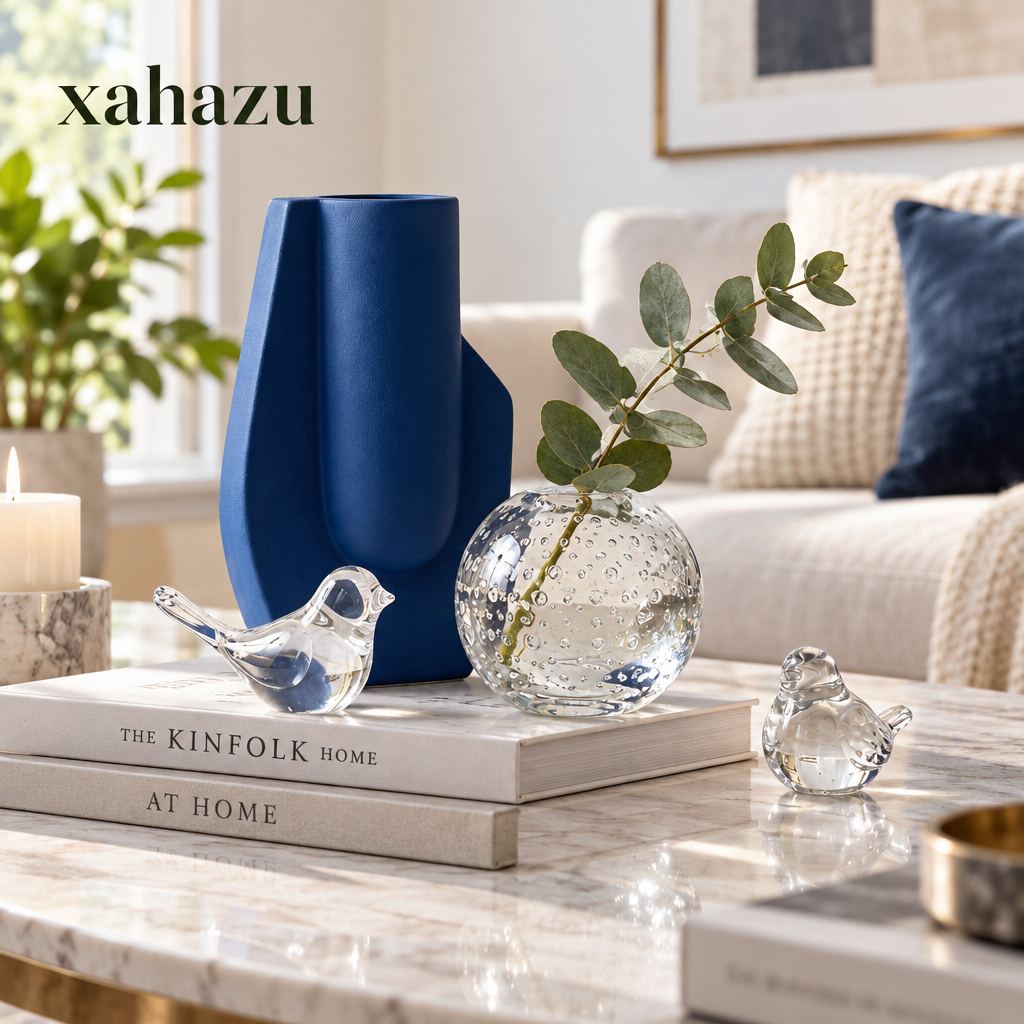 xahazu Modern Artisanal Decor Set – Handcrafted Matte Ceramic Vase & Hand-Blown Bubble Glass Collection