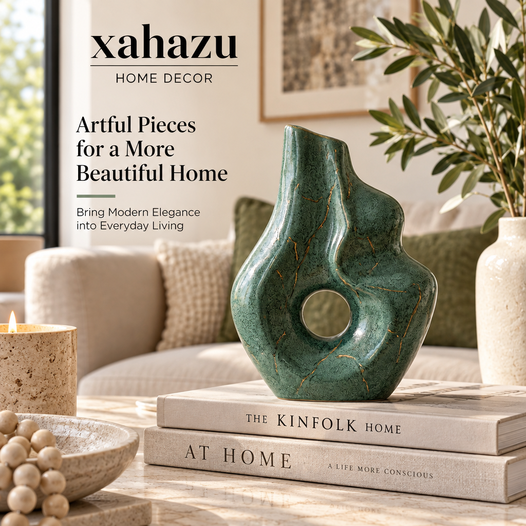 xahazu Modern Abstract Ceramic Vase – Emerald Green Sculptural Art Vase with Gold Accents, Decorative Centerpiece for Living Room, Coffee Table, Bookshelf Decor
