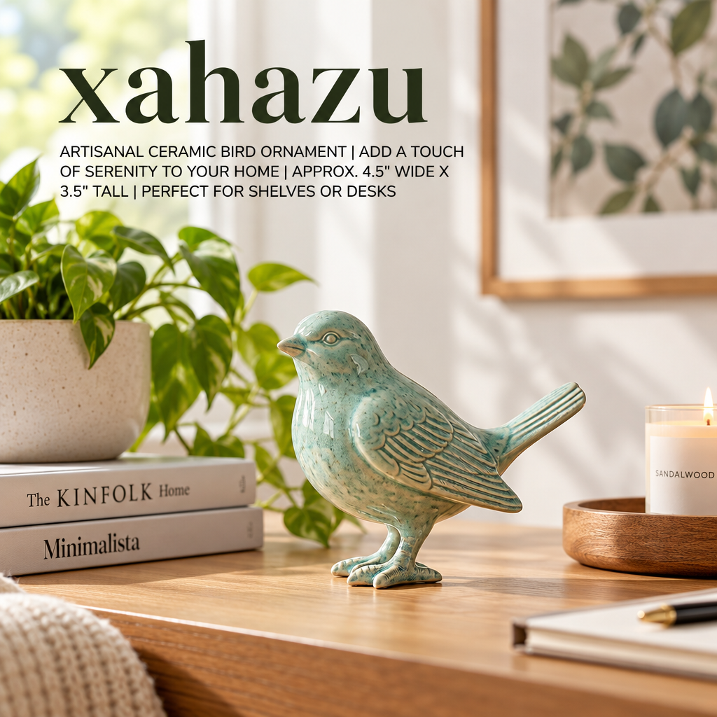 xahazu Ceramic Bird Figurine – Vintage Mint Green Songbird Statue, Detailed Porcelain Bird Decor for Bookshelf, Desk, Living Room, and Farmhouse Home Accents (4.5" x 3.5")